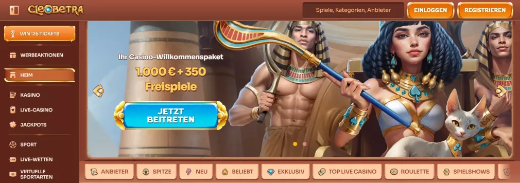 Cleobetra Casino Willkommensbonus 1000€ und 350 Freispiele